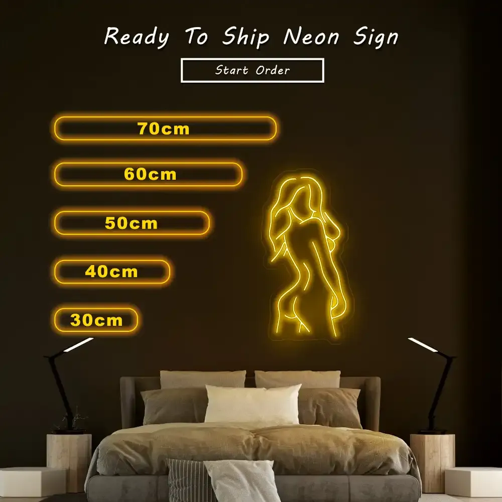 LED neon beauty-pose artwork with size options shown