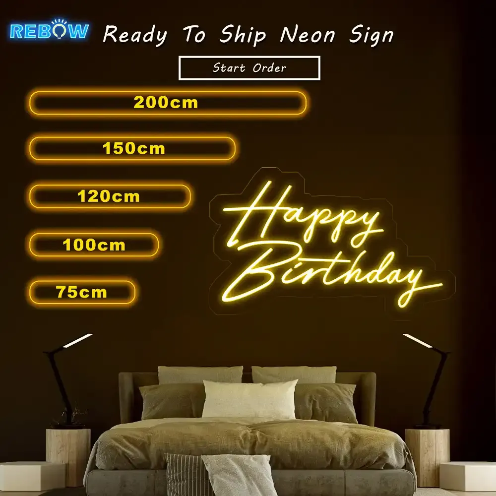 Gold LED neon sign reading Happy Birthday, a ready design sold through resellers