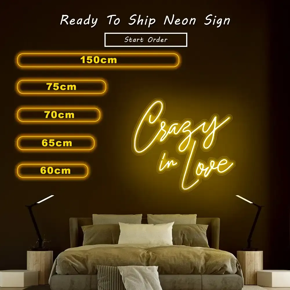 Gold LED neon script sign in a size-chart photograph