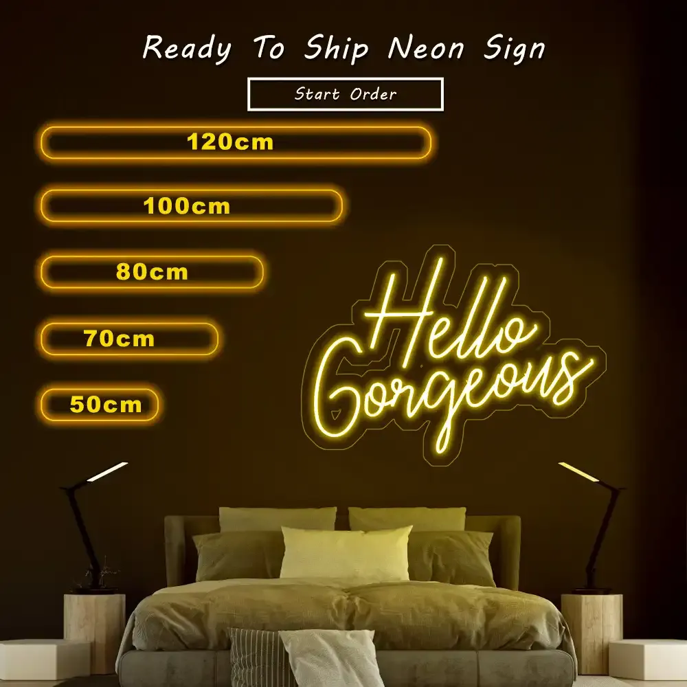 Yellow LED neon script sign reading Hello Gorgeous, a window-friendly greeting format