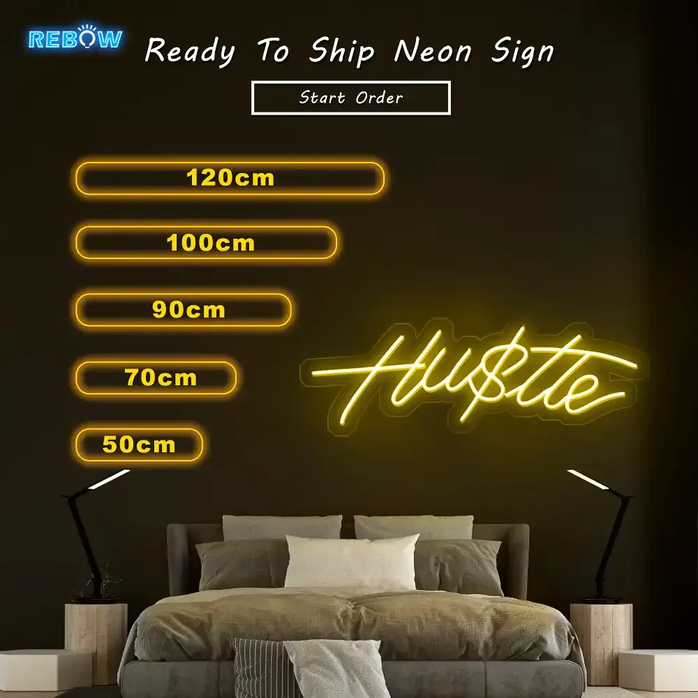 Yellow LED neon script sign reading Hustle above a bed, with size options shown