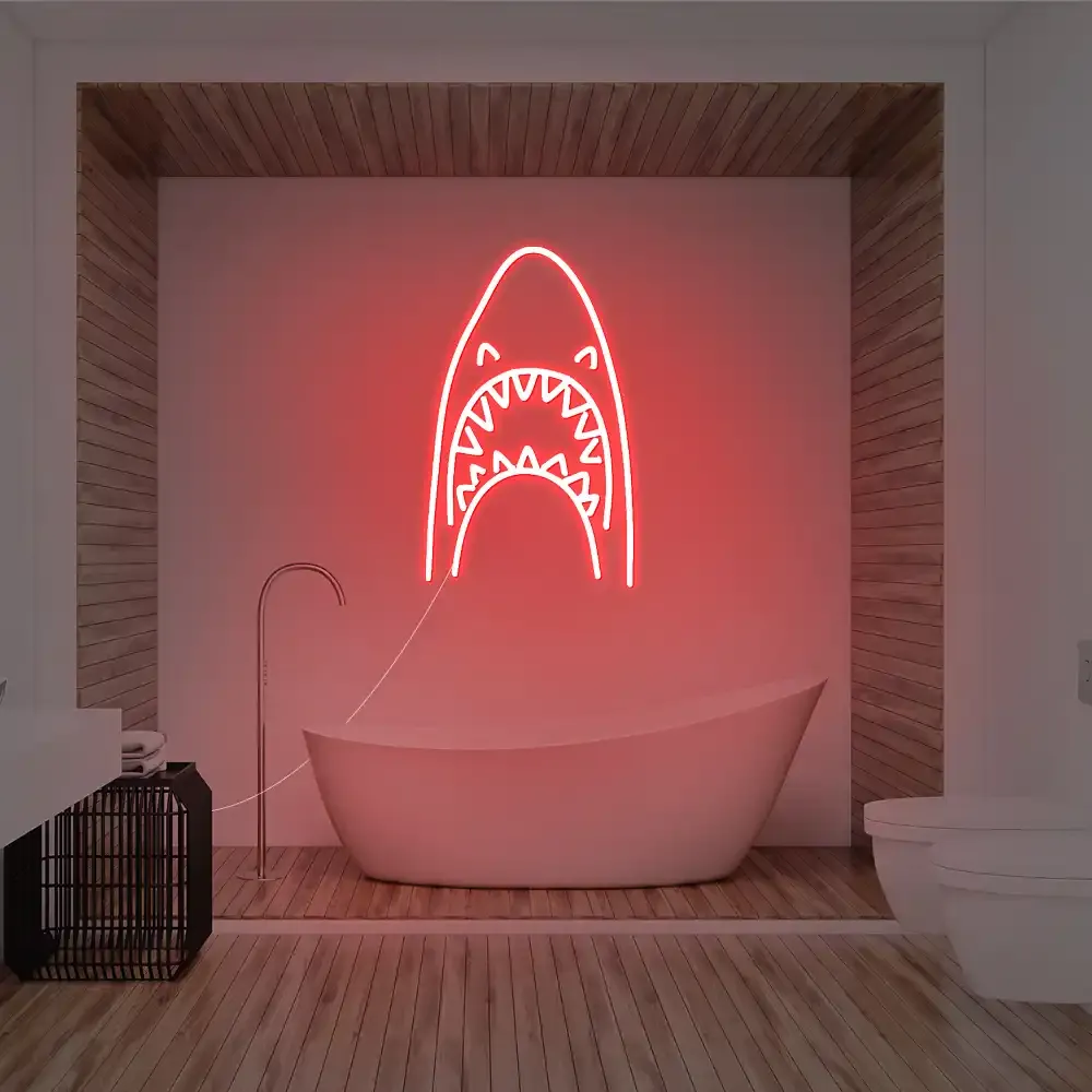 Pink LED neon shark sign, cleaned and glowing evenly